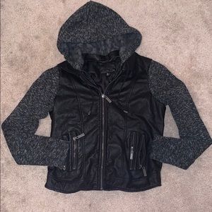 Leather jacket, cloth sleeves, removable hoodie